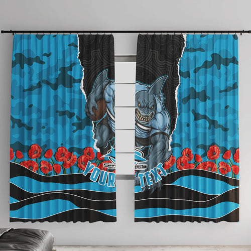 Personalized Sharks ANZAC Tribute Window Curtain Poppy Field Soldier Silhouette Aboriginal Rugby Mascot