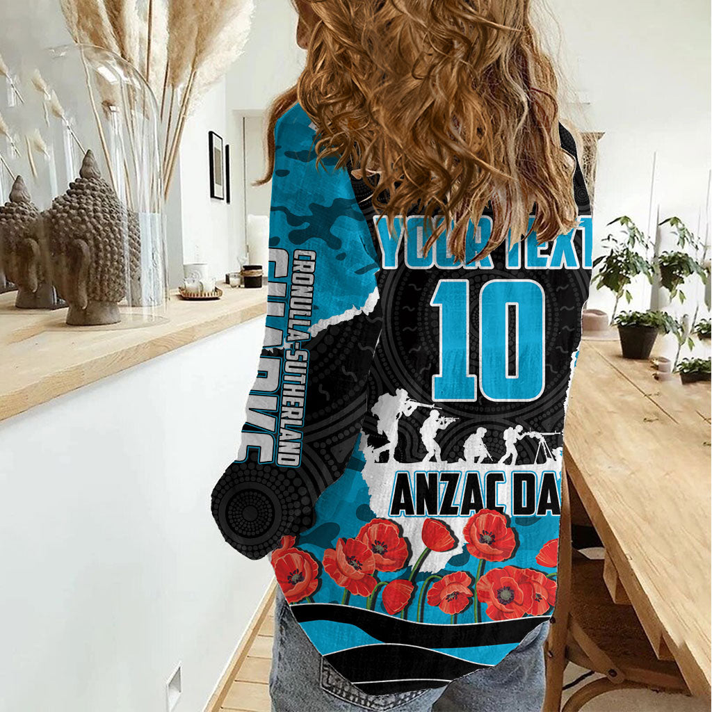 Personalized Sharks ANZAC Tribute Women Casual Shirt Poppy Field Soldier Silhouette Aboriginal Rugby Mascot