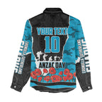 Personalized Sharks ANZAC Tribute Women Casual Shirt Poppy Field Soldier Silhouette Aboriginal Rugby Mascot