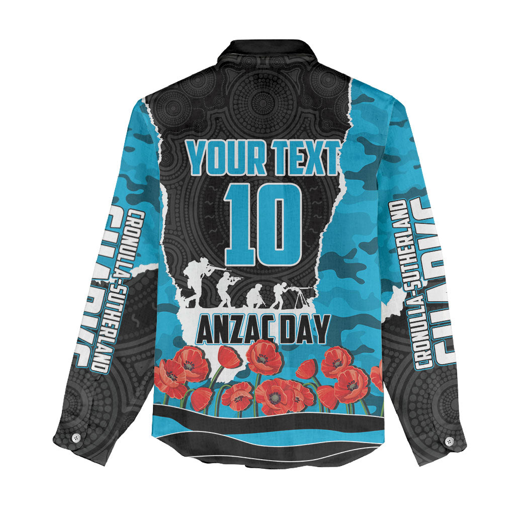 Personalized Sharks ANZAC Tribute Women Casual Shirt Poppy Field Soldier Silhouette Aboriginal Rugby Mascot