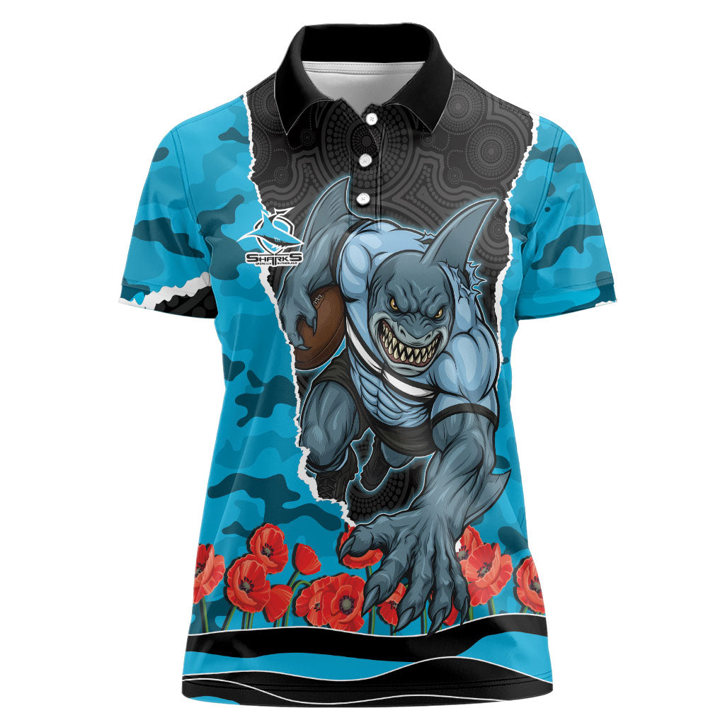 Personalized Sharks ANZAC Tribute Women Polo Shirt Poppy Field Soldier Silhouette Aboriginal Rugby Mascot