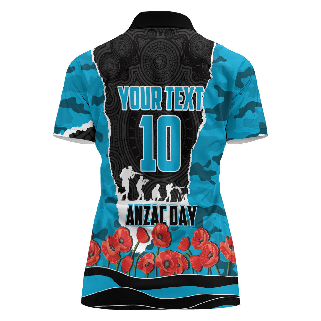 Personalized Sharks ANZAC Tribute Women Polo Shirt Poppy Field Soldier Silhouette Aboriginal Rugby Mascot