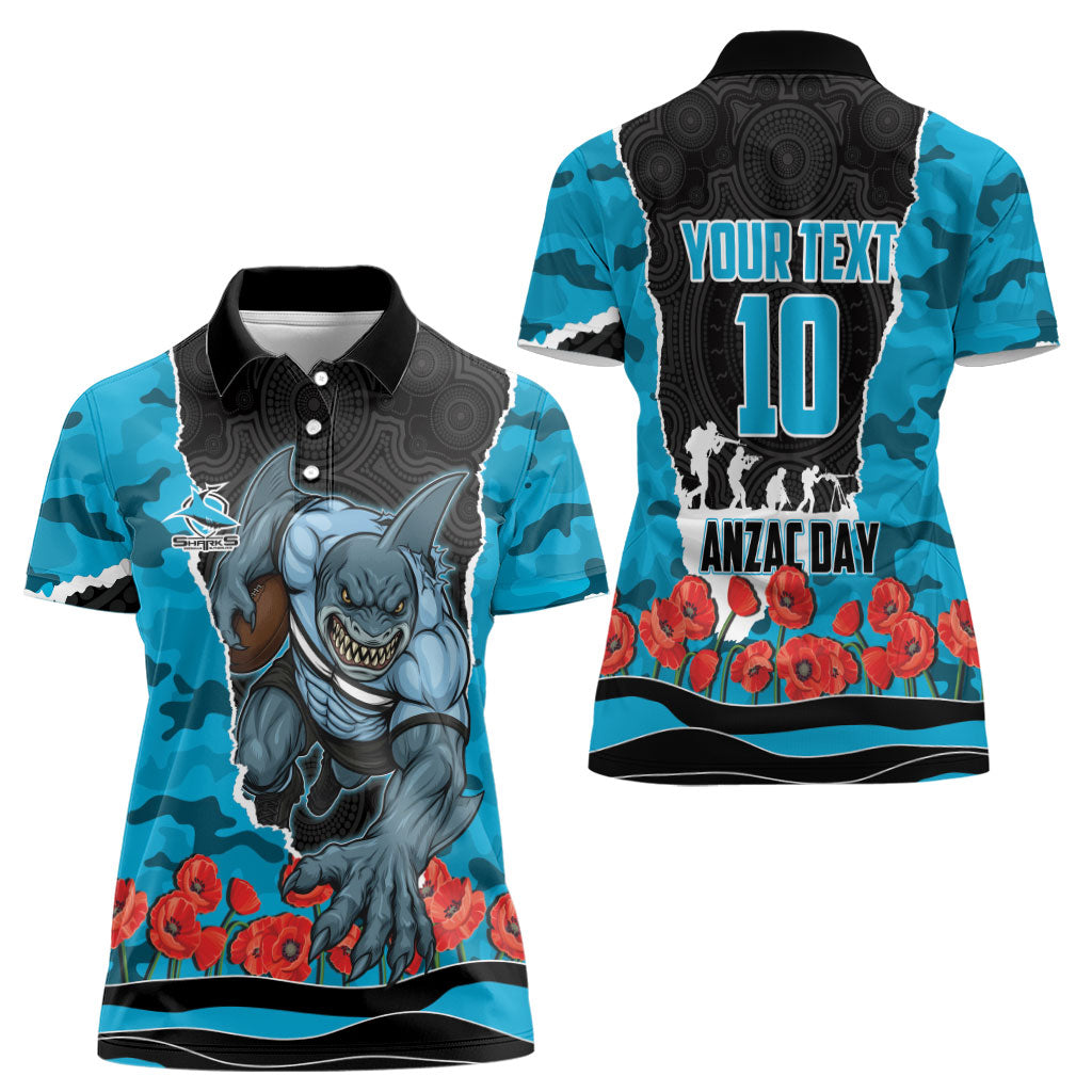 Personalized Sharks ANZAC Tribute Women Polo Shirt Poppy Field Soldier Silhouette Aboriginal Rugby Mascot