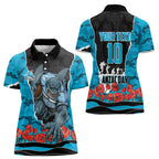 Personalized Sharks ANZAC Tribute Women Polo Shirt Poppy Field Soldier Silhouette Aboriginal Rugby Mascot
