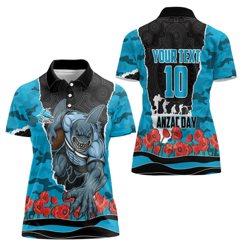 Personalized Sharks ANZAC Tribute Women Polo Shirt Poppy Field Soldier Silhouette Aboriginal Rugby Mascot