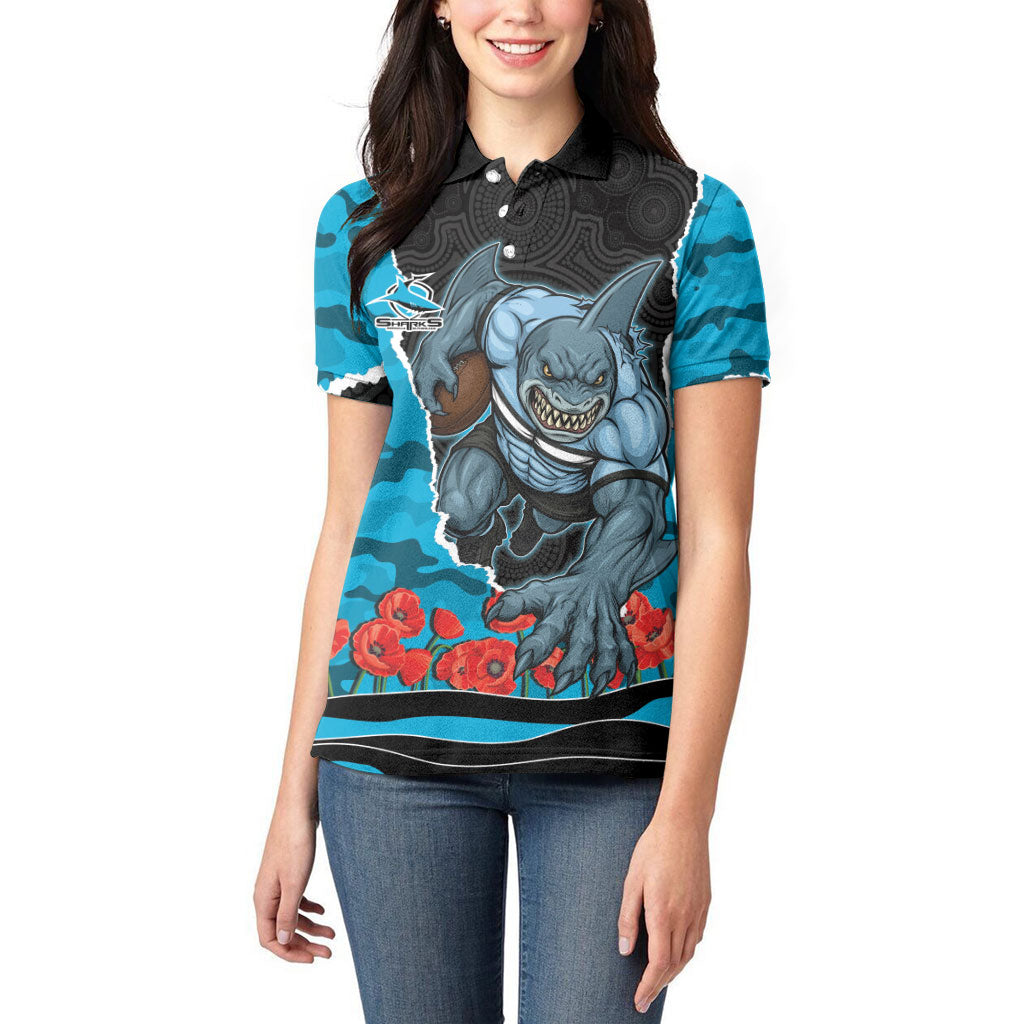 Personalized Sharks ANZAC Tribute Women Polo Shirt Poppy Field Soldier Silhouette Aboriginal Rugby Mascot