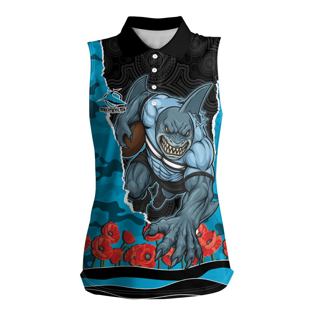 Personalized Sharks ANZAC Tribute Women Sleeveless Polo Shirt Poppy Field Soldier Silhouette Aboriginal Rugby Mascot