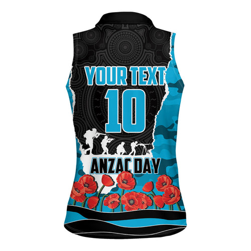 Personalized Sharks ANZAC Tribute Women Sleeveless Polo Shirt Poppy Field Soldier Silhouette Aboriginal Rugby Mascot