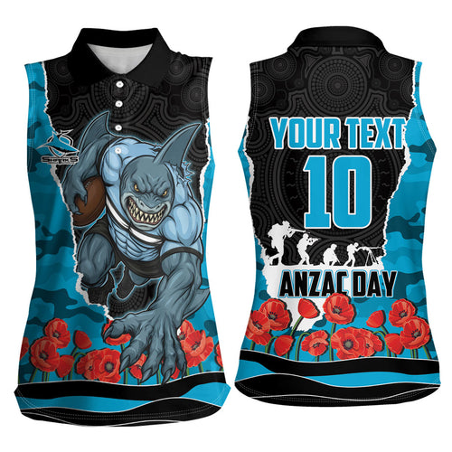 Personalized Sharks ANZAC Tribute Women Sleeveless Polo Shirt Poppy Field Soldier Silhouette Aboriginal Rugby Mascot