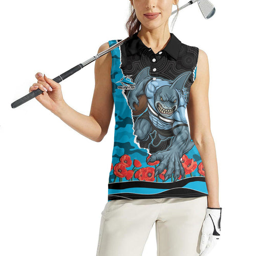 Personalized Sharks ANZAC Tribute Women Sleeveless Polo Shirt Poppy Field Soldier Silhouette Aboriginal Rugby Mascot