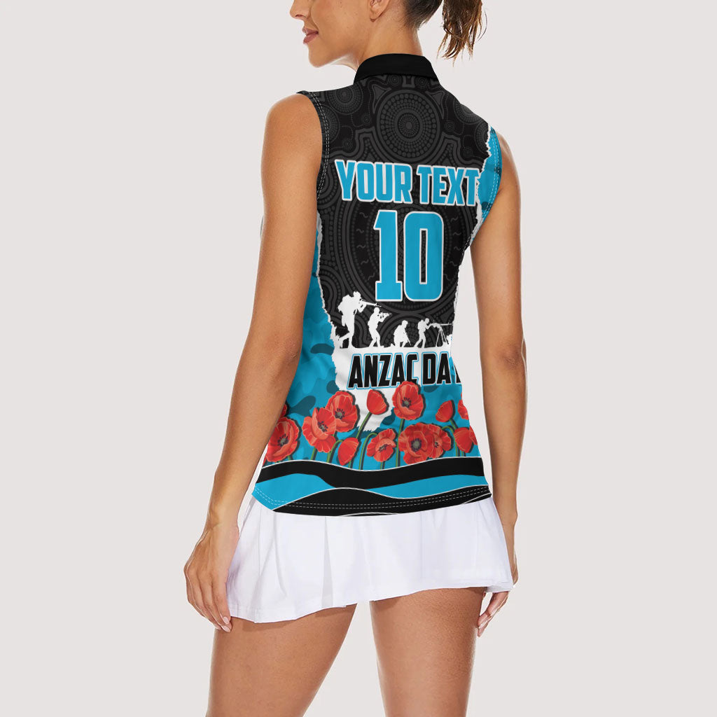 Personalized Sharks ANZAC Tribute Women Sleeveless Polo Shirt Poppy Field Soldier Silhouette Aboriginal Rugby Mascot