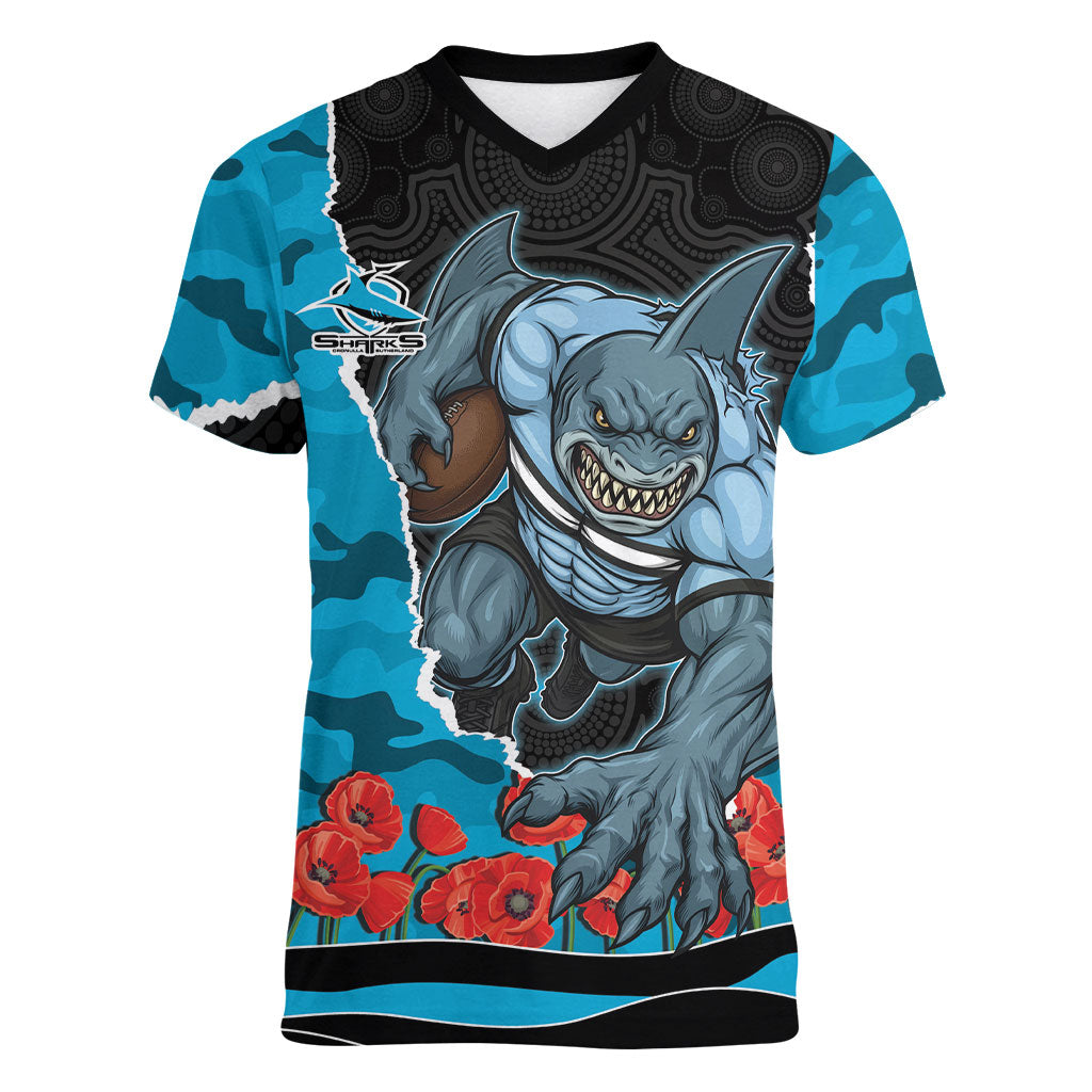 Personalized Sharks ANZAC Tribute Women V-Neck T-Shirt Poppy Field Soldier Silhouette Aboriginal Rugby Mascot