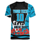 Personalized Sharks ANZAC Tribute Women V-Neck T-Shirt Poppy Field Soldier Silhouette Aboriginal Rugby Mascot