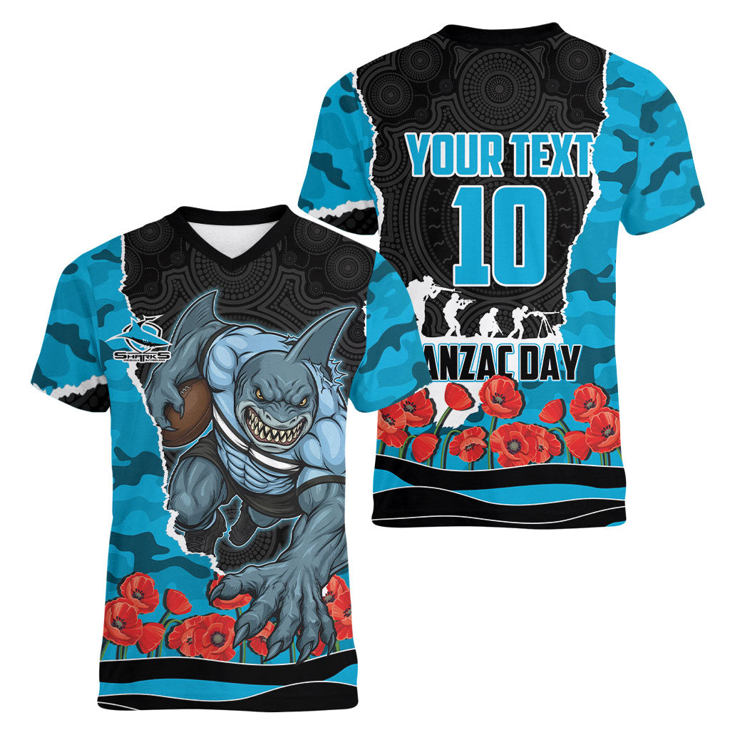 Personalized Sharks ANZAC Tribute Women V-Neck T-Shirt Poppy Field Soldier Silhouette Aboriginal Rugby Mascot