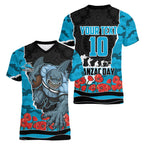 Personalized Sharks ANZAC Tribute Women V-Neck T-Shirt Poppy Field Soldier Silhouette Aboriginal Rugby Mascot