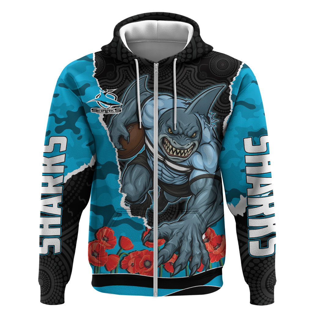 Personalized Sharks ANZAC Tribute Zip Hoodie Poppy Field Soldier Silhouette Aboriginal Rugby Mascot