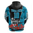 Personalized Sharks ANZAC Tribute Zip Hoodie Poppy Field Soldier Silhouette Aboriginal Rugby Mascot