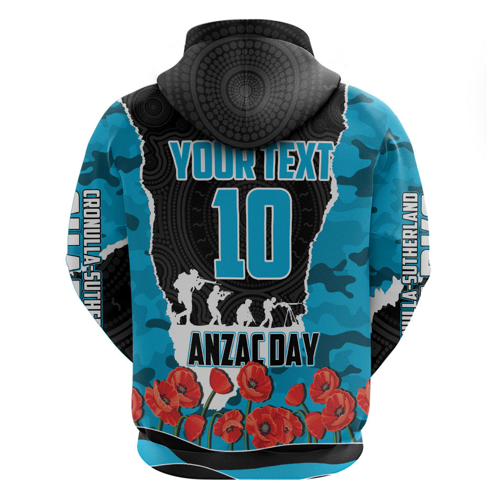 Personalized Sharks ANZAC Tribute Zip Hoodie Poppy Field Soldier Silhouette Aboriginal Rugby Mascot
