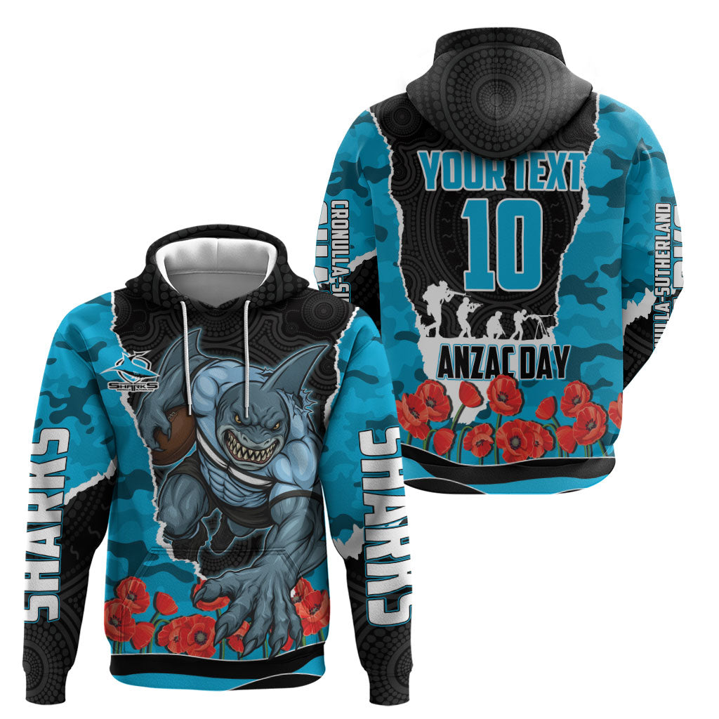 Personalized Sharks ANZAC Tribute Zip Hoodie Poppy Field Soldier Silhouette Aboriginal Rugby Mascot