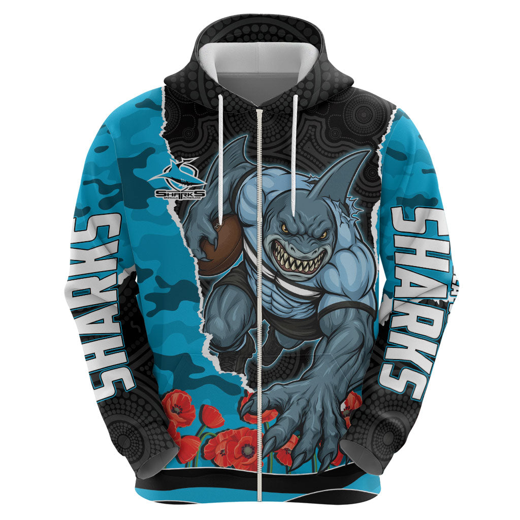 Personalized Sharks ANZAC Tribute Zip Hoodie Poppy Field Soldier Silhouette Aboriginal Rugby Mascot