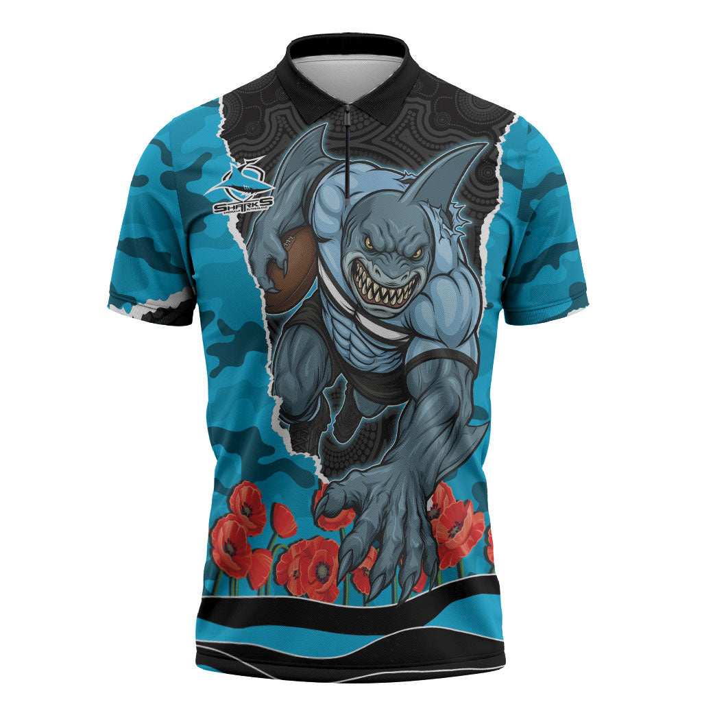 Personalized Sharks ANZAC Tribute Zipper Polo Shirt Poppy Field Soldier Silhouette Aboriginal Rugby Mascot