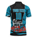 Personalized Sharks ANZAC Tribute Zipper Polo Shirt Poppy Field Soldier Silhouette Aboriginal Rugby Mascot