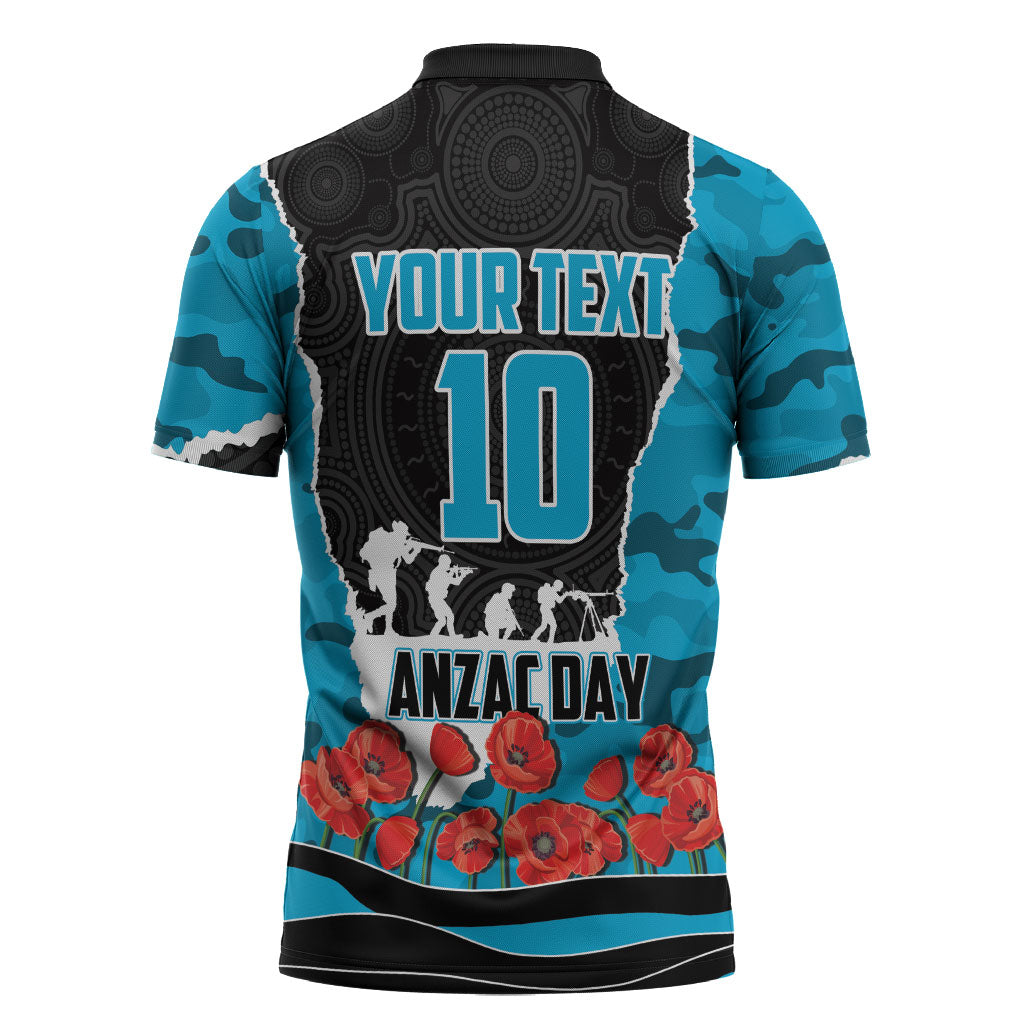 Personalized Sharks ANZAC Tribute Zipper Polo Shirt Poppy Field Soldier Silhouette Aboriginal Rugby Mascot