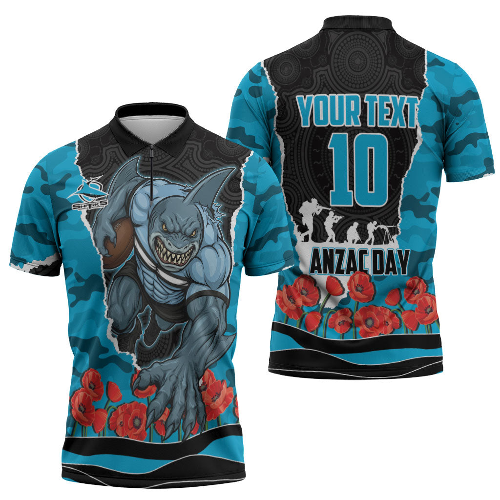 Personalized Sharks ANZAC Tribute Zipper Polo Shirt Poppy Field Soldier Silhouette Aboriginal Rugby Mascot