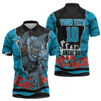 Personalized Sharks ANZAC Tribute Zipper Polo Shirt Poppy Field Soldier Silhouette Aboriginal Rugby Mascot