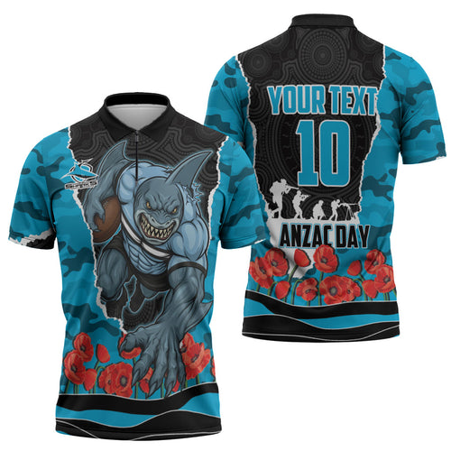 Personalized Sharks ANZAC Tribute Zipper Polo Shirt Poppy Field Soldier Silhouette Aboriginal Rugby Mascot