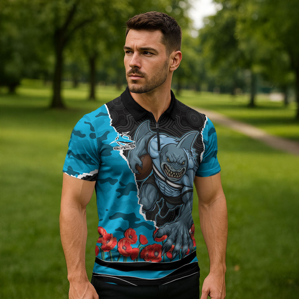 Personalized Sharks ANZAC Tribute Zipper Polo Shirt Poppy Field Soldier Silhouette Aboriginal Rugby Mascot