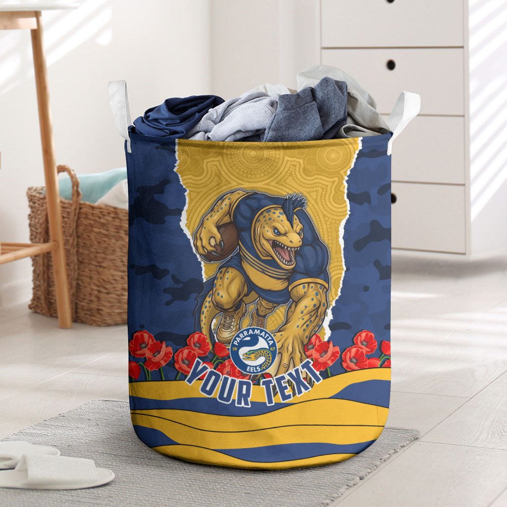Personalized Parramatta Eels ANZAC Tribute Laundry Basket Poppy Field Soldier Silhouette Aboriginal Rugby Mascot