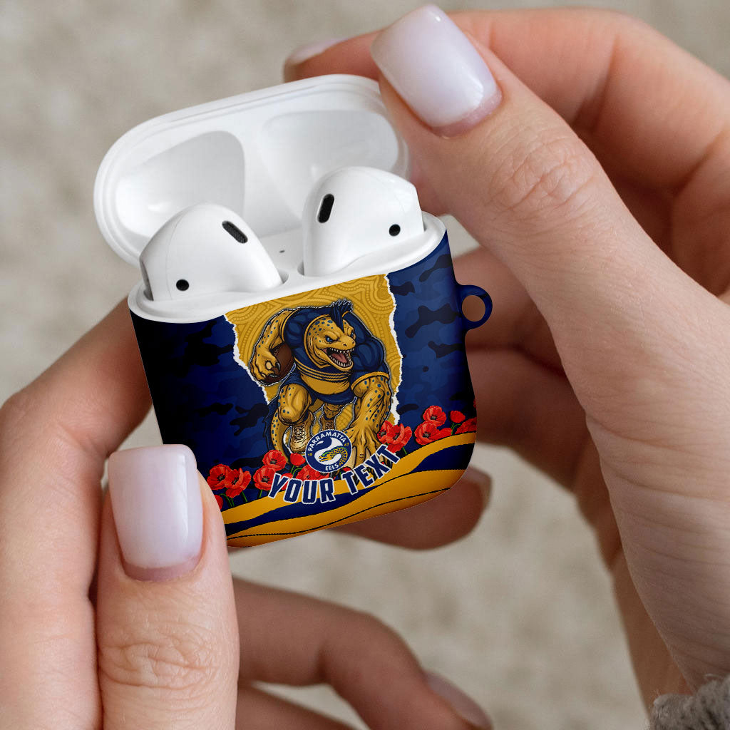 Personalized Parramatta Eels ANZAC Tribute AirPods Case Poppy Field Soldier Silhouette Aboriginal Rugby Mascot