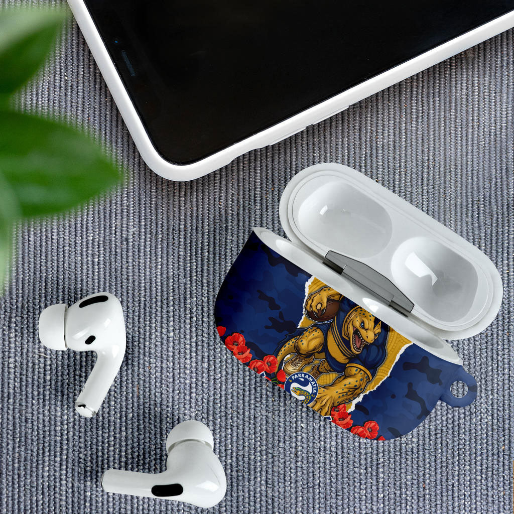 Personalized Parramatta Eels ANZAC Tribute AirPods Case Poppy Field Soldier Silhouette Aboriginal Rugby Mascot