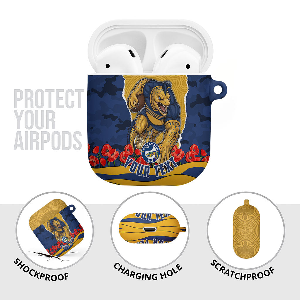 Personalized Parramatta Eels ANZAC Tribute AirPods Case Poppy Field Soldier Silhouette Aboriginal Rugby Mascot