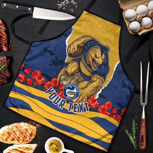 Personalized Parramatta Eels ANZAC Tribute Apron Poppy Field Soldier Silhouette Aboriginal Rugby Mascot