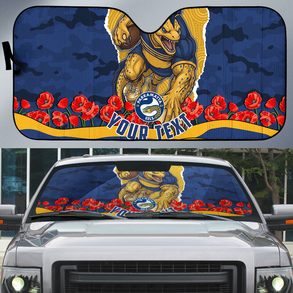 Personalized Parramatta Eels ANZAC Tribute Auto Sun Shade Poppy Field Soldier Silhouette Aboriginal Rugby Mascot