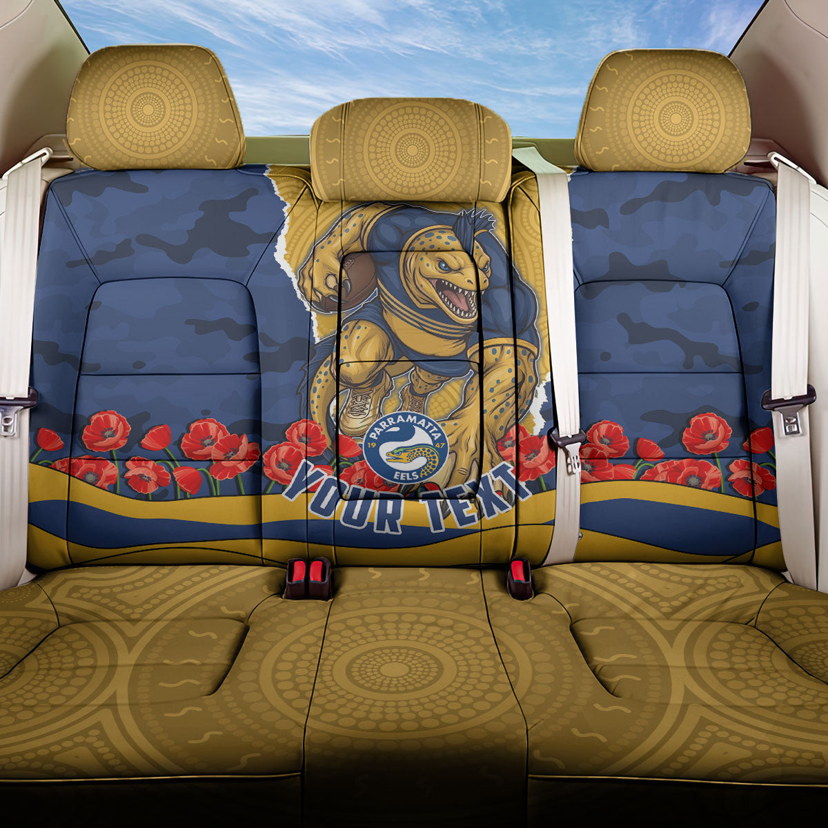 Personalized Parramatta Eels ANZAC Tribute Back Car Seat Cover Poppy Field Soldier Silhouette Aboriginal Rugby Mascot