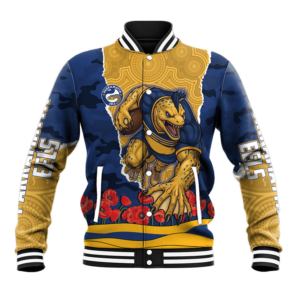 Personalized Parramatta Eels ANZAC Tribute Baseball Jacket Poppy Field Soldier Silhouette Aboriginal Rugby Mascot