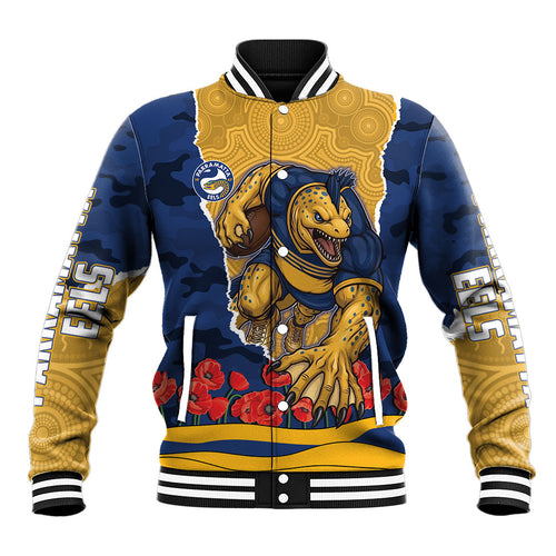 Personalized Parramatta Eels ANZAC Tribute Baseball Jacket Poppy Field Soldier Silhouette Aboriginal Rugby Mascot