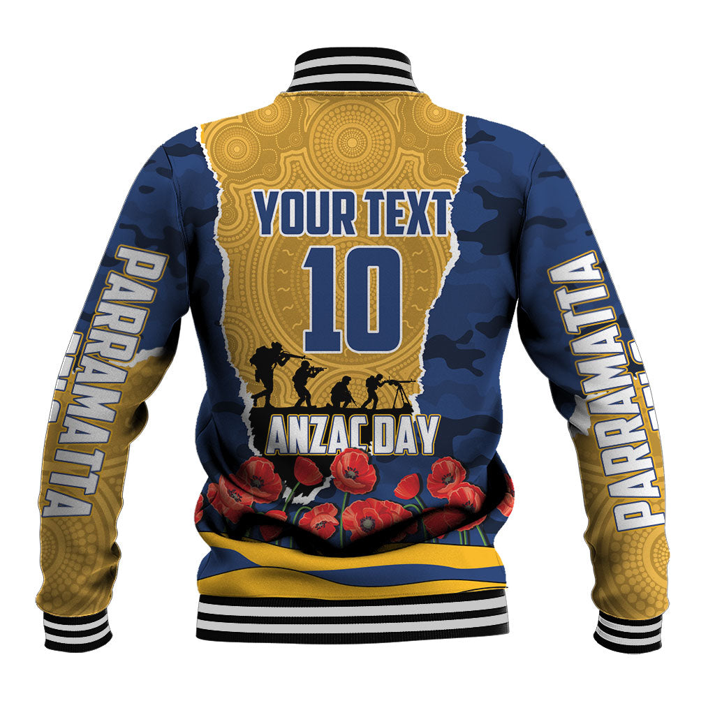 Personalized Parramatta Eels ANZAC Tribute Baseball Jacket Poppy Field Soldier Silhouette Aboriginal Rugby Mascot