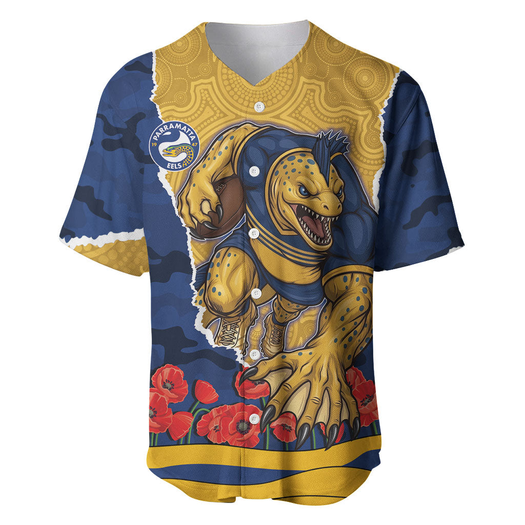Personalized Parramatta Eels ANZAC Tribute Baseball Jersey Poppy Field Soldier Silhouette Aboriginal Rugby Mascot