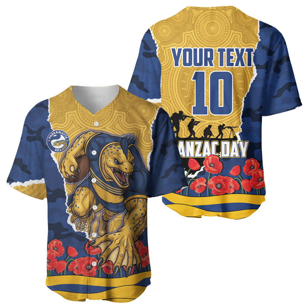 Personalized Parramatta Eels ANZAC Tribute Baseball Jersey Poppy Field Soldier Silhouette Aboriginal Rugby Mascot