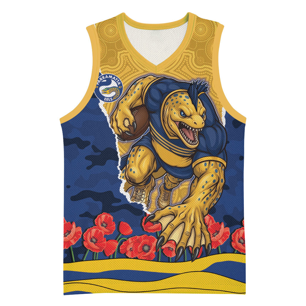 Personalized Parramatta Eels ANZAC Tribute Basketball Jersey Poppy Field Soldier Silhouette Aboriginal Rugby Mascot