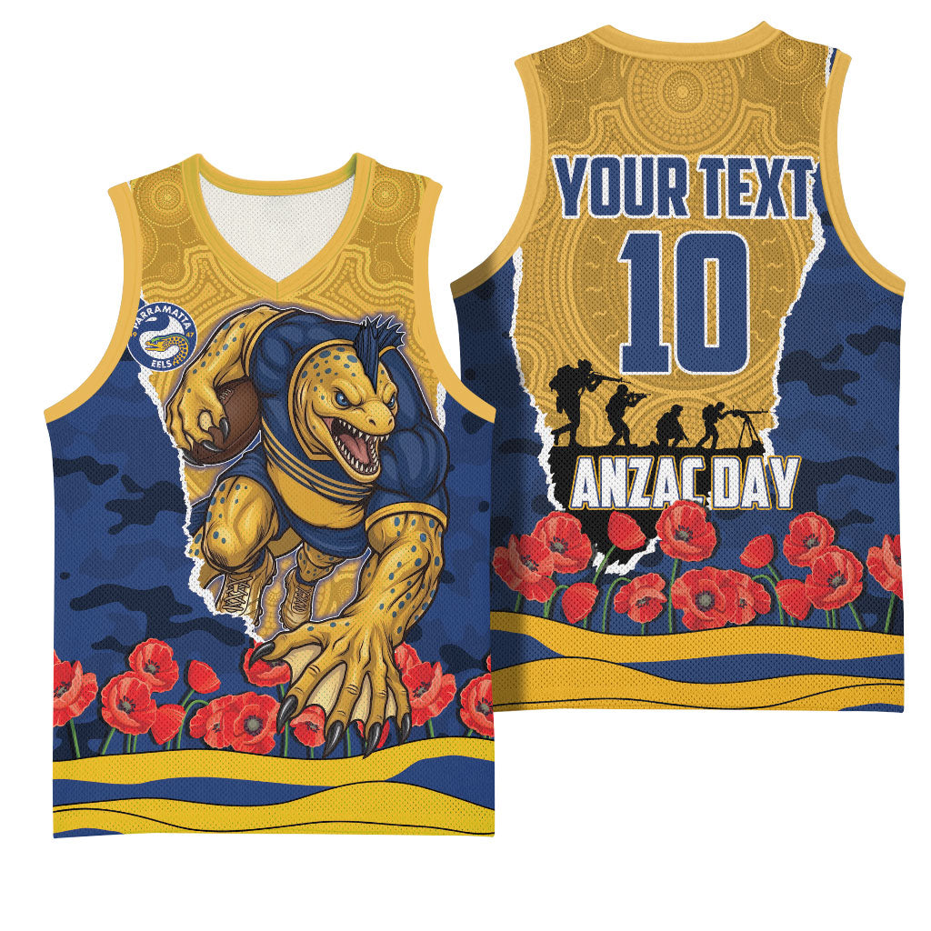 Personalized Parramatta Eels ANZAC Tribute Basketball Jersey Poppy Field Soldier Silhouette Aboriginal Rugby Mascot
