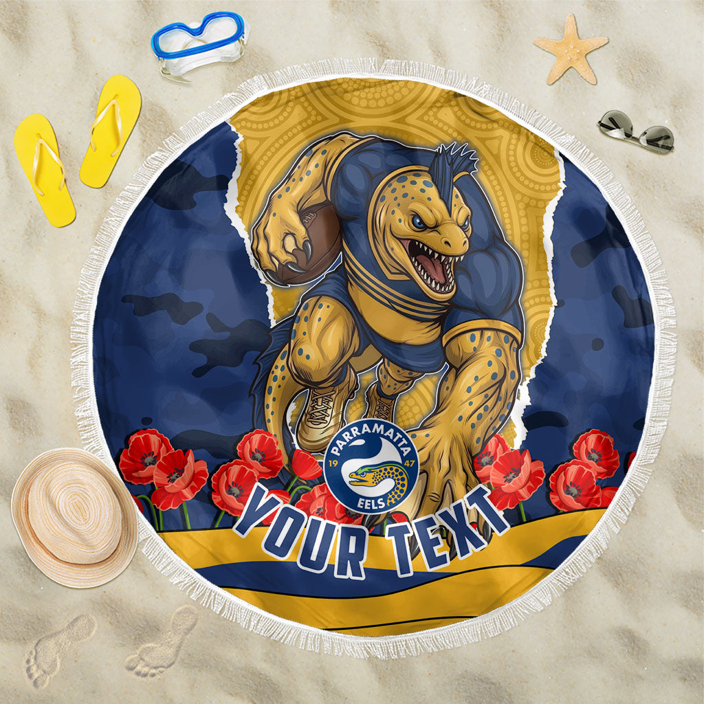 Personalized Parramatta Eels ANZAC Tribute Beach Blanket Poppy Field Soldier Silhouette Aboriginal Rugby Mascot