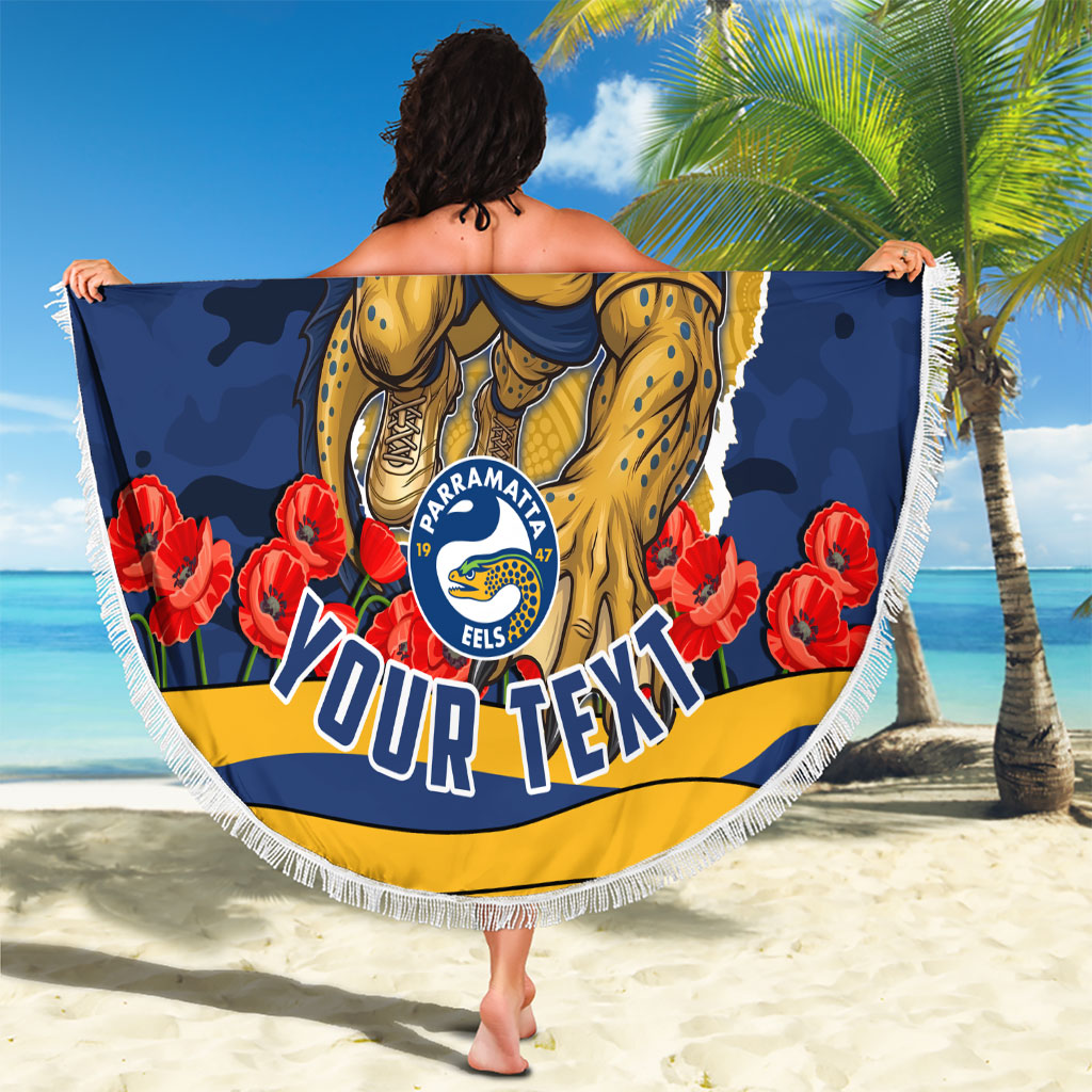 Personalized Parramatta Eels ANZAC Tribute Beach Blanket Poppy Field Soldier Silhouette Aboriginal Rugby Mascot