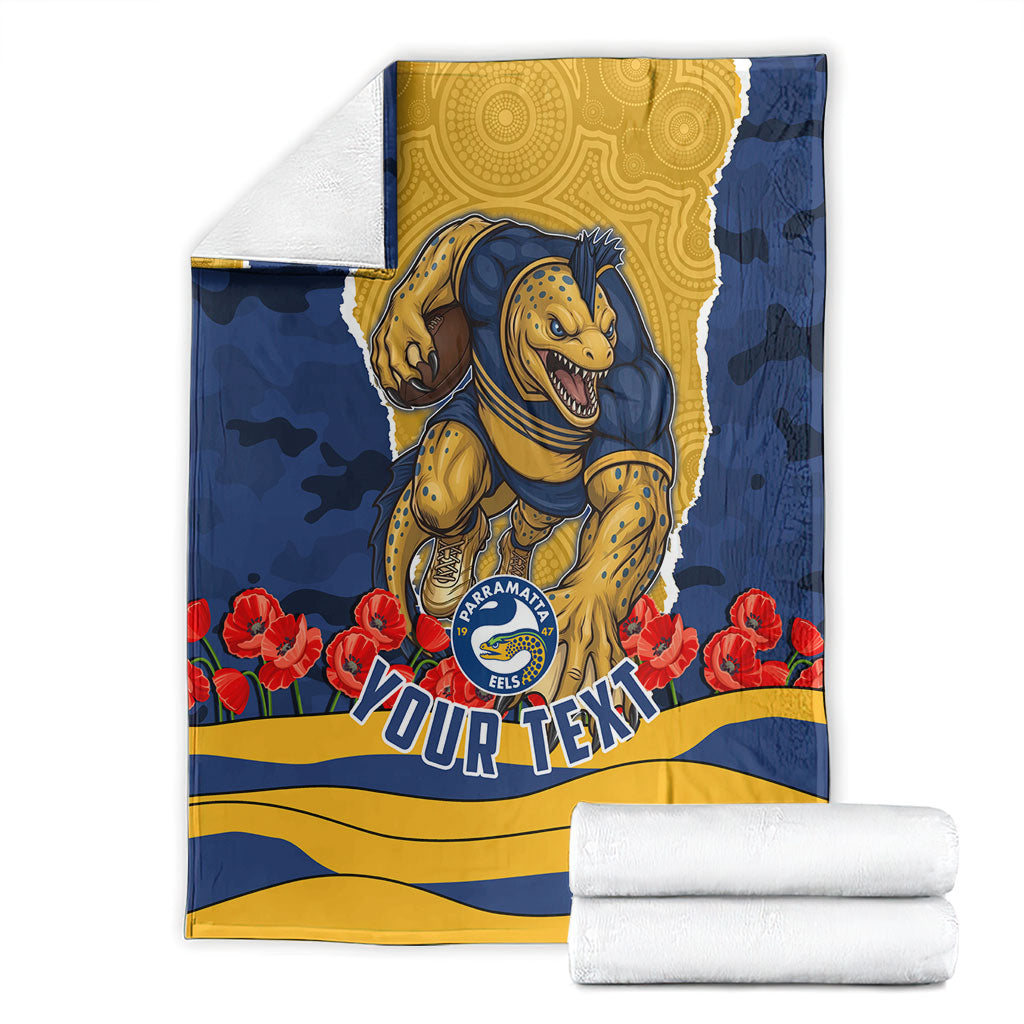 Personalized Parramatta Eels ANZAC Tribute Blanket Poppy Field Soldier Silhouette Aboriginal Rugby Mascot