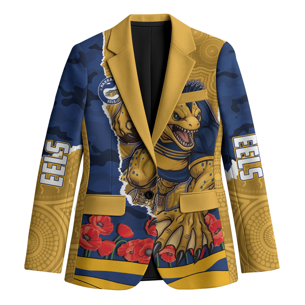 Personalized Parramatta Eels ANZAC Tribute Blazer Poppy Field Soldier Silhouette Aboriginal Rugby Mascot