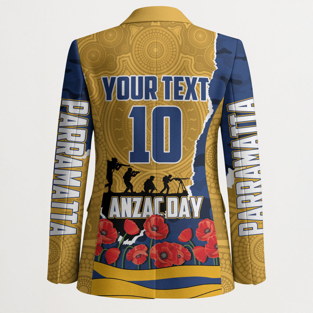 Personalized Parramatta Eels ANZAC Tribute Blazer Poppy Field Soldier Silhouette Aboriginal Rugby Mascot